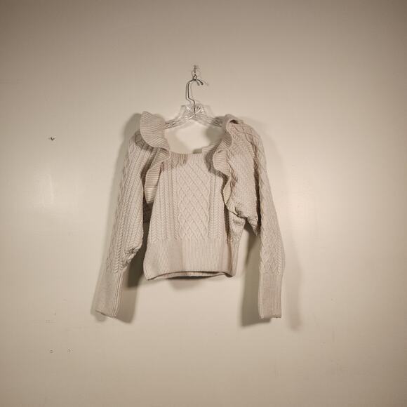 H&M Cream Sweater Womens M Cable Knit Ruffle Shoulder Cropped Neutral Cozy Boho - Picture 3 of 9